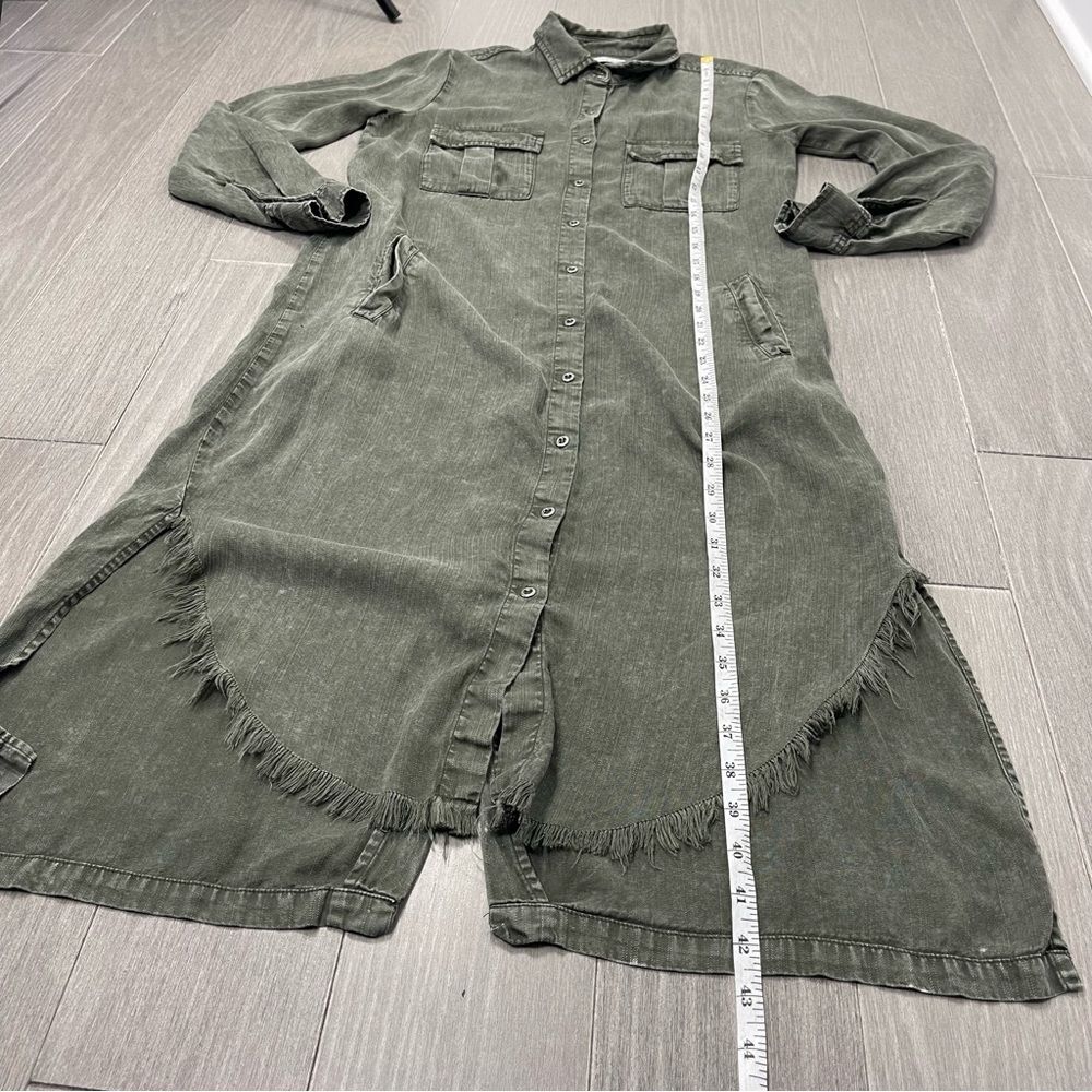 Billy T Leeway Faded Chambray Shirt Dress XS Army Olive Green Utility Boho MIDI - Picture 15 of 16
